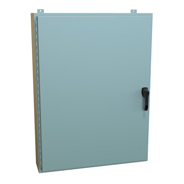 Steel Enclosure, 48 in H, 36 in W, 8 in D, NEMA 4, Hinged, Hammond, Mfr#: HW48368GYHK